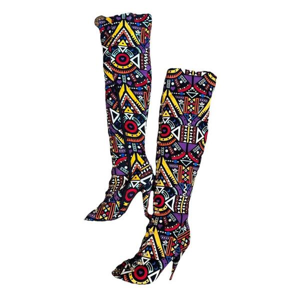 Shoes - Red Kiss Women’s Thigh High Sz 7 Stiletto Boots Peep Toe Abstract Art To Wear‎